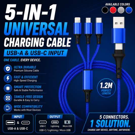 ⚡ One Cable for Every Device – 5-in-1 Universal Multi Charging Cable (1.2m)
